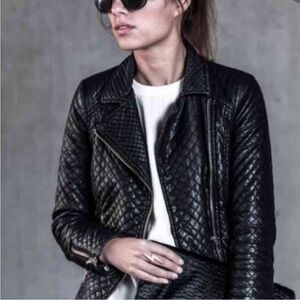 ZARA Basic Black Lamb Leather Quilted‎ Moto Jacket Sz. M